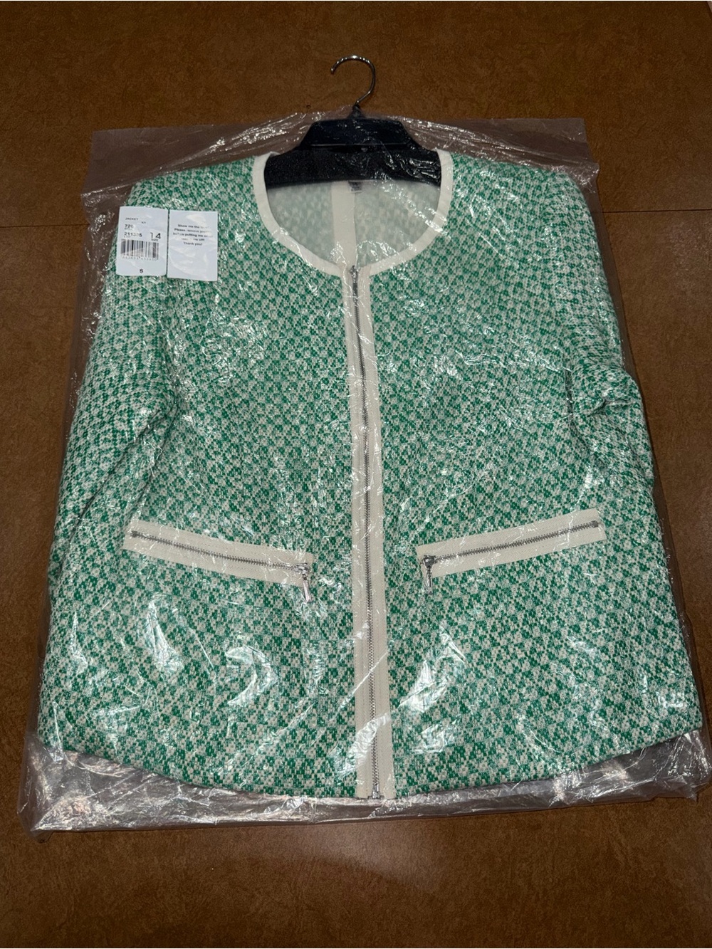 NWT Cabi Style 726 Clover Tweed Zip Jacket Spring 2014 with Cream Trim • Size 14